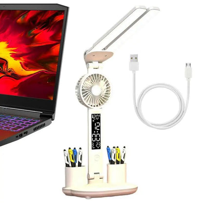 Candeeiro de Mesa com Ventilador e Porta-Canetas 💡 – Iluminação USB, 3 Níveis de Cor e Bateria 2000mAh