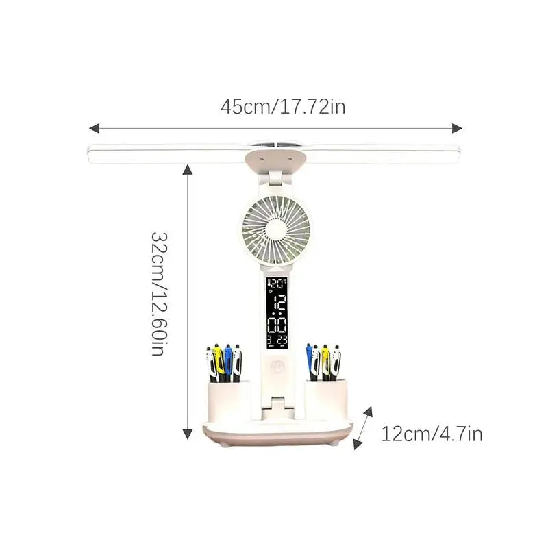 Candeeiro de Mesa com Ventilador e Porta-Canetas 💡 – Iluminação USB, 3 Níveis de Cor e Bateria 2000mAh