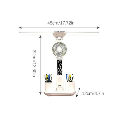 Candeeiro de Mesa com Ventilador e Porta-Canetas 💡 – Iluminação USB, 3 Níveis de Cor e Bateria 2000mAh