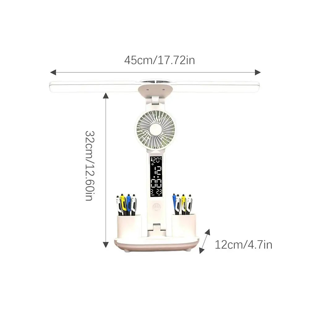 Candeeiro de Mesa com Ventilador e Porta-Canetas 💡 – Iluminação USB, 3 Níveis de Cor e Bateria 2000mAh