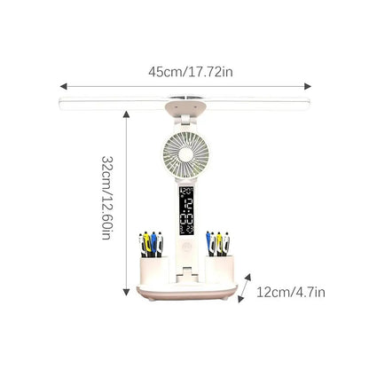 Candeeiro de Mesa com Ventilador e Porta-Canetas 💡 – Iluminação USB, 3 Níveis de Cor e Bateria 2000mAh