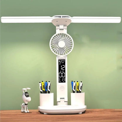 Candeeiro de Mesa com Ventilador e Porta-Canetas 💡 – Iluminação USB, 3 Níveis de Cor e Bateria 2000mAh