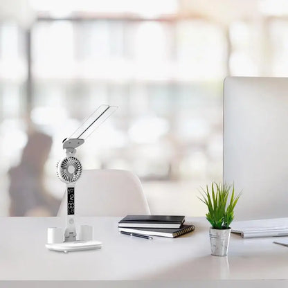 Candeeiro de Mesa com Ventilador e Porta-Canetas 💡 – Iluminação USB, 3 Níveis de Cor e Bateria 2000mAh