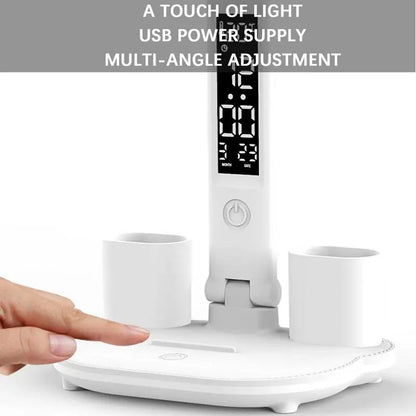 Candeeiro de Mesa com Ventilador e Porta-Canetas 💡 – Iluminação USB, 3 Níveis de Cor e Bateria 2000mAh