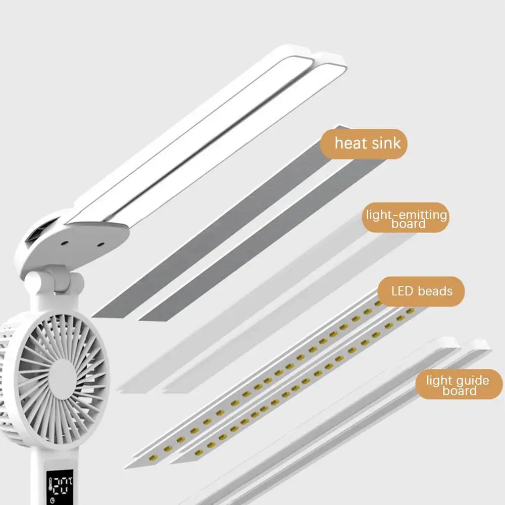 Candeeiro de Mesa com Ventilador e Porta-Canetas 💡 – Iluminação USB, 3 Níveis de Cor e Bateria 2000mAh